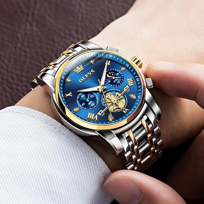 OLEVS Watch for Man Analog Quartz Skeleton Chronograph Diamond Watches Stainless Steel Moon Phase Calendar Waterproof Dress Watches_2