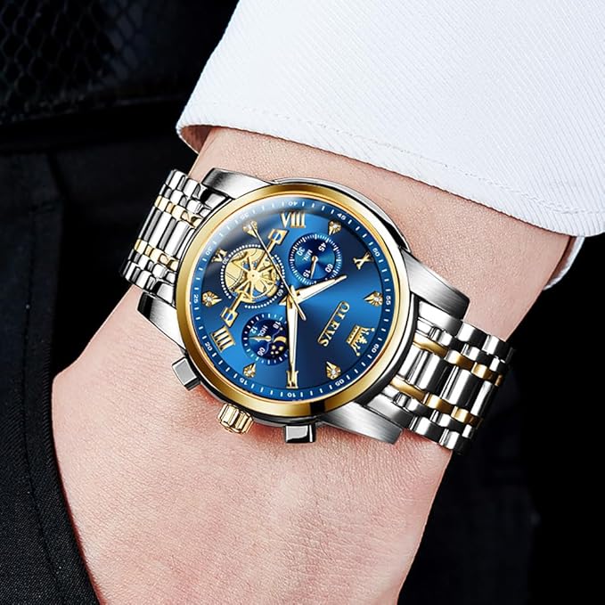 OLEVS Watch for Man Analog Quartz Skeleton Chronograph Diamond Watches Stainless Steel Moon Phase Calendar Waterproof Dress Watches_3