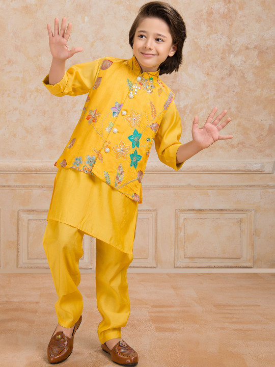 Boys Kantha Printed Regular Fit Kurta Jacket Pyjama