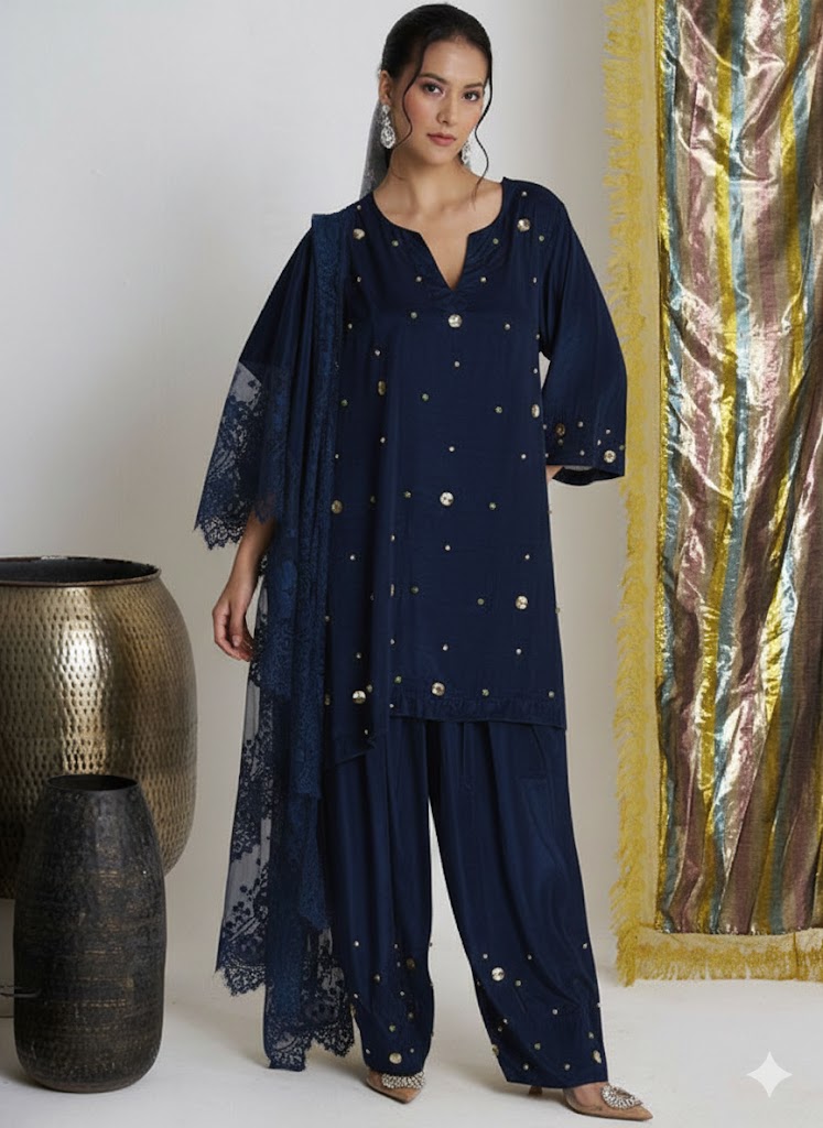 Embroidered Notch Neck Beads & Stones Kurti With Salwar & Dupatta