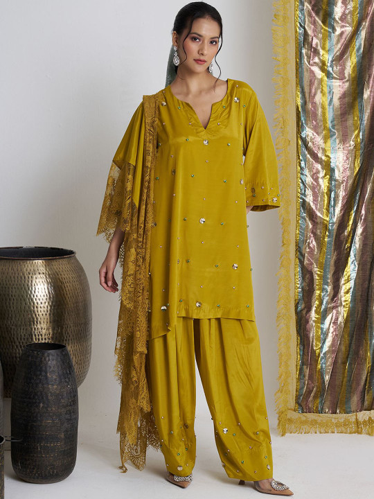 Embroidered Notch Neck Beads & Stones Kurti With Salwar &