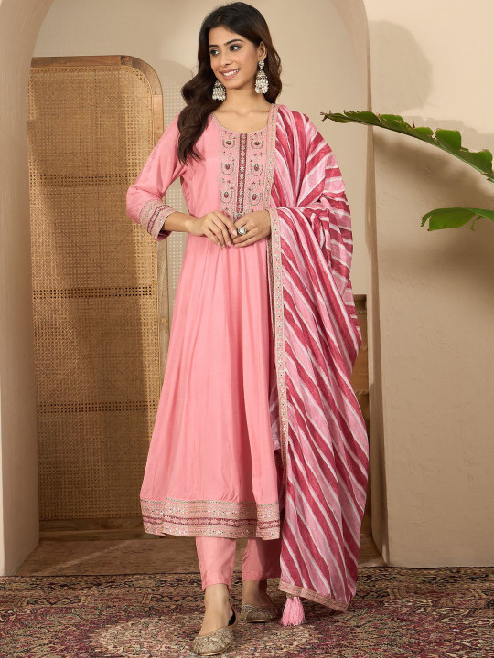 Embroidered Round Neck Thread Work Pure Silk Kurta With Trousers &
