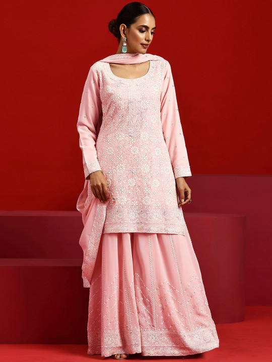 Ethnic Motifs Embroidered Round Neck Thread Work Kurti with Palazzos &