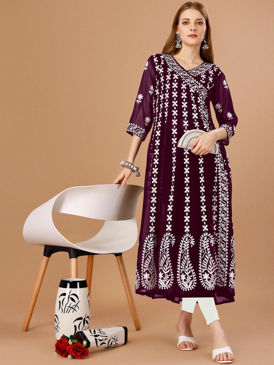 Floral Embroidered Chikankari V-Neck Anarkali