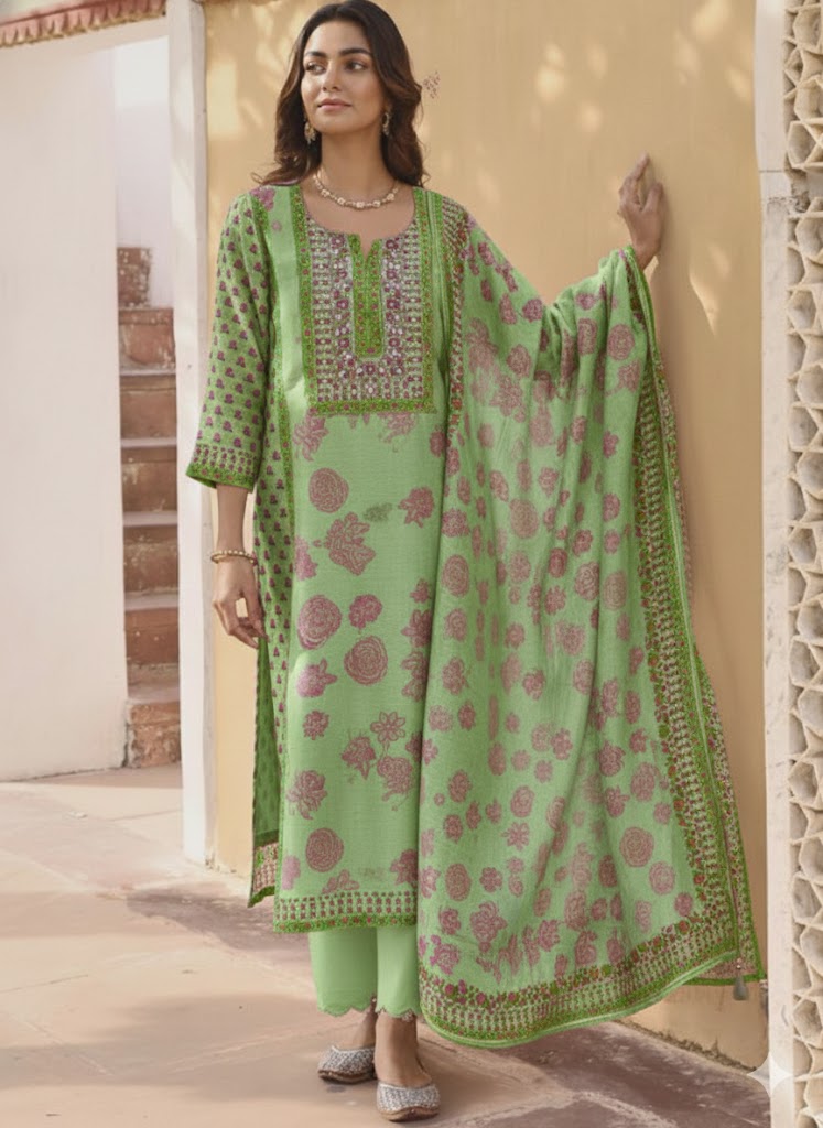 Floral Embroidered Regular Linen Kurta with Palazzos & With Dupatta  GREEN