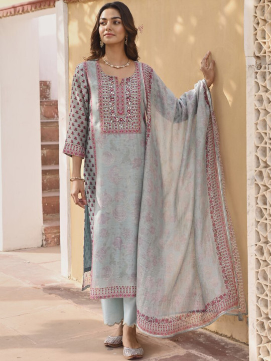 Floral Embroidered Regular Linen Kurta with Palazzos & With