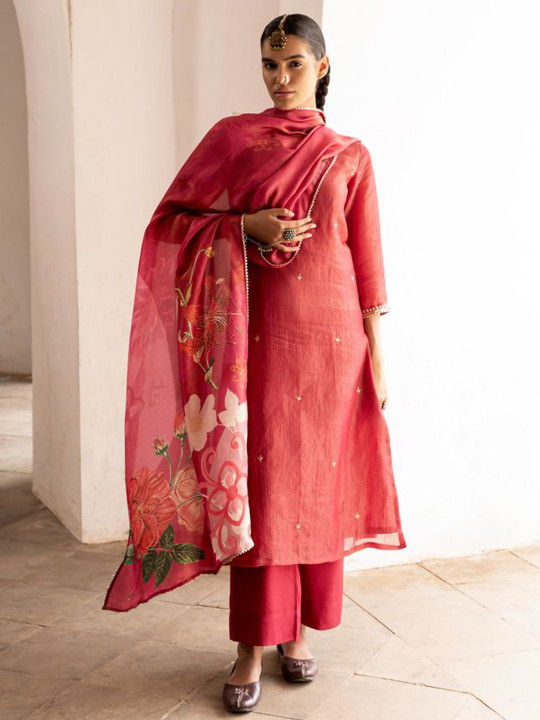 Floral Embroidered Sequinned Chanderi Cotton Kurta with Trouser &