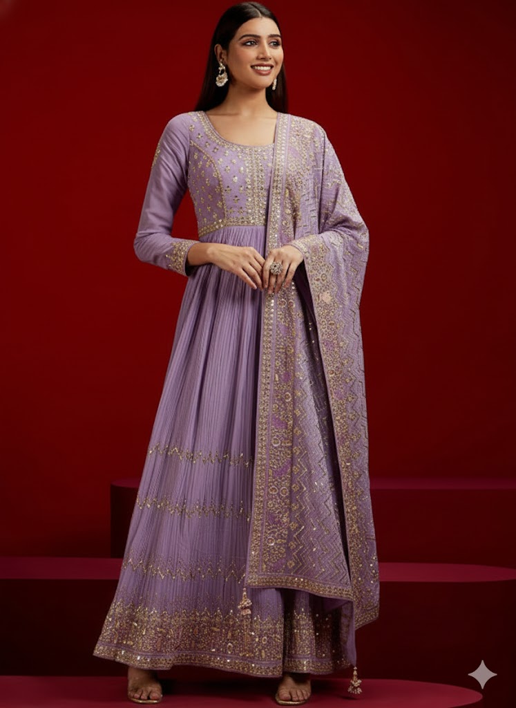 Floral Yoke Design Empire Sequinned Kurta with Trousers &