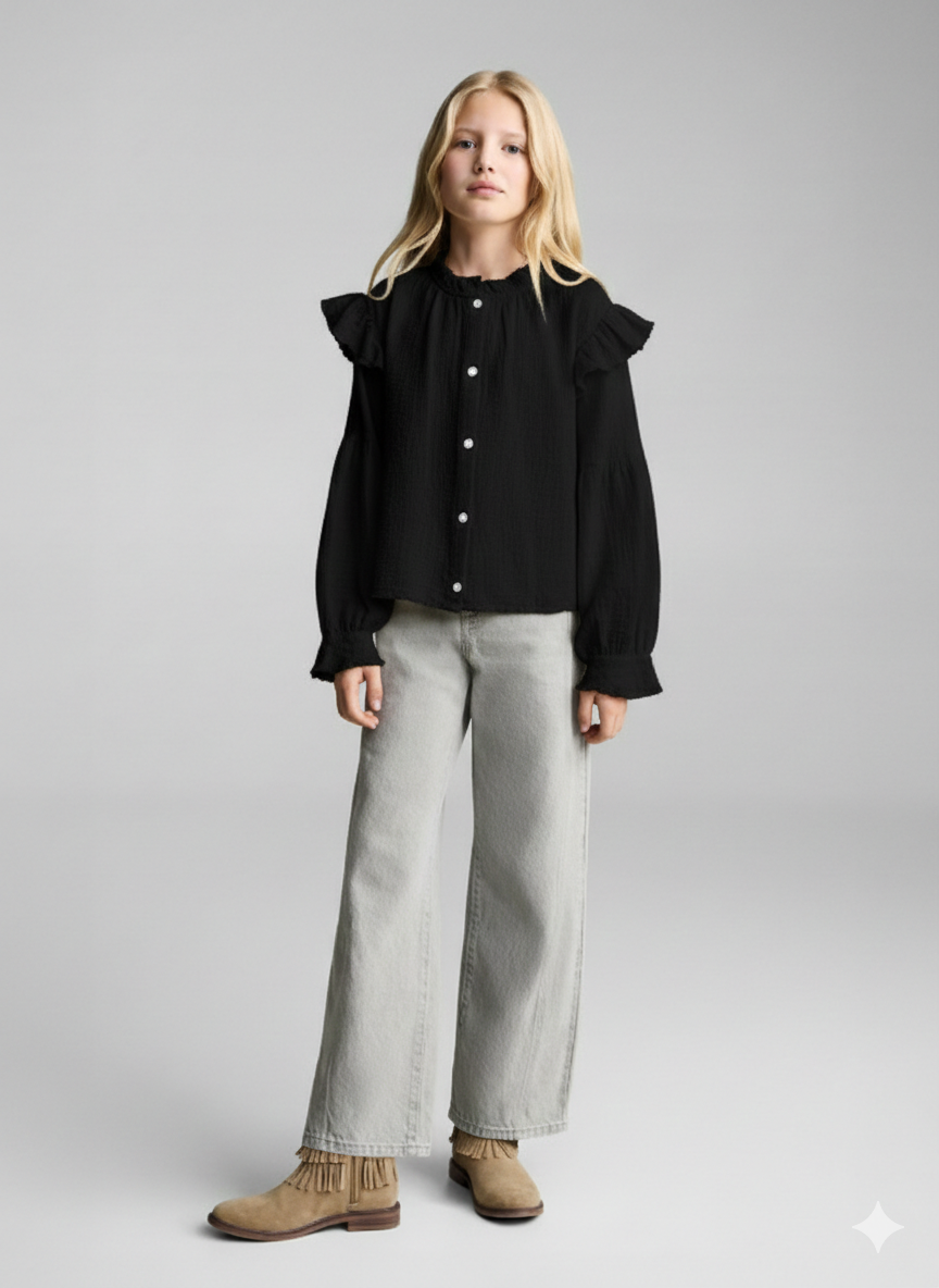 Girls Puff Sleeves Ruffled Cotton Shirt Style