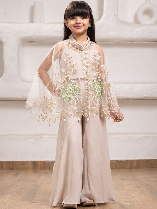 Girls Shoulder Straps Sleeveless Georgette Top With Palazzo With Embroidered