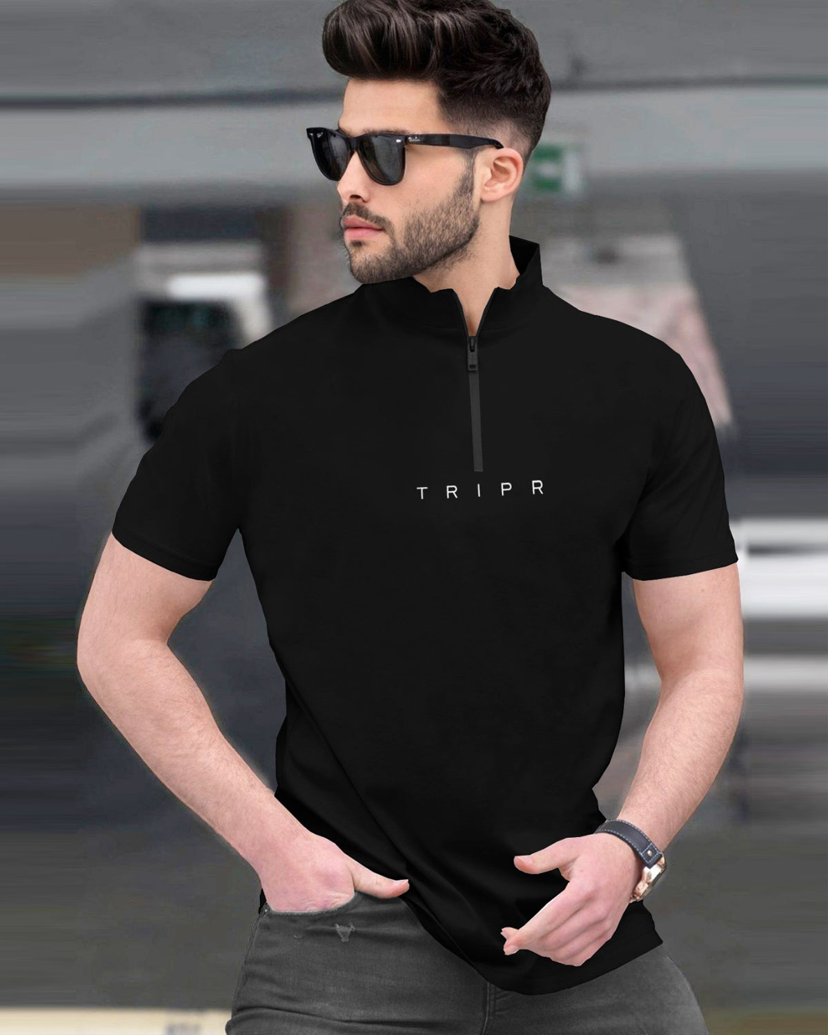 Men High Neck Zip T-Shirt