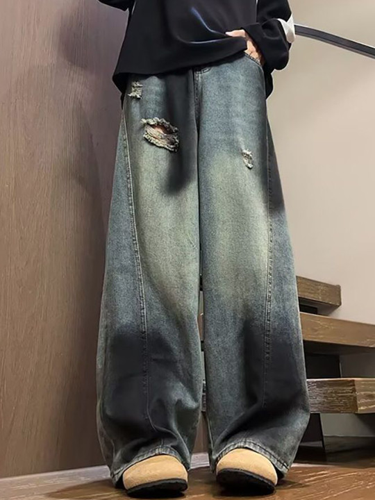 Men Low Distress Heavy Fade Baggy