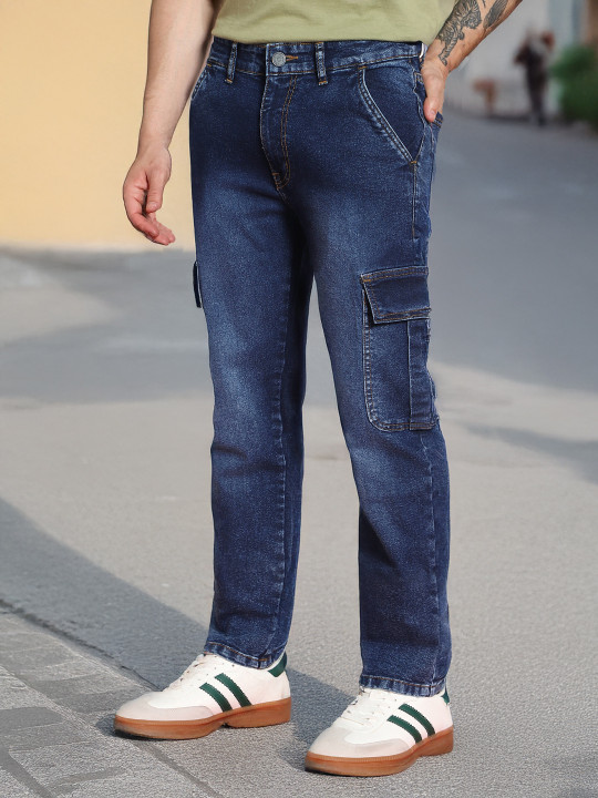 Men  Regular Fit Washed Cargo Jeans With 6 Pockets Stretchable