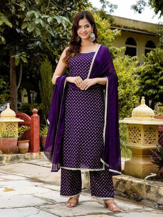 Purple Floral Printed Shoulder Straps Cotton Straight Kurta with Palazzos &