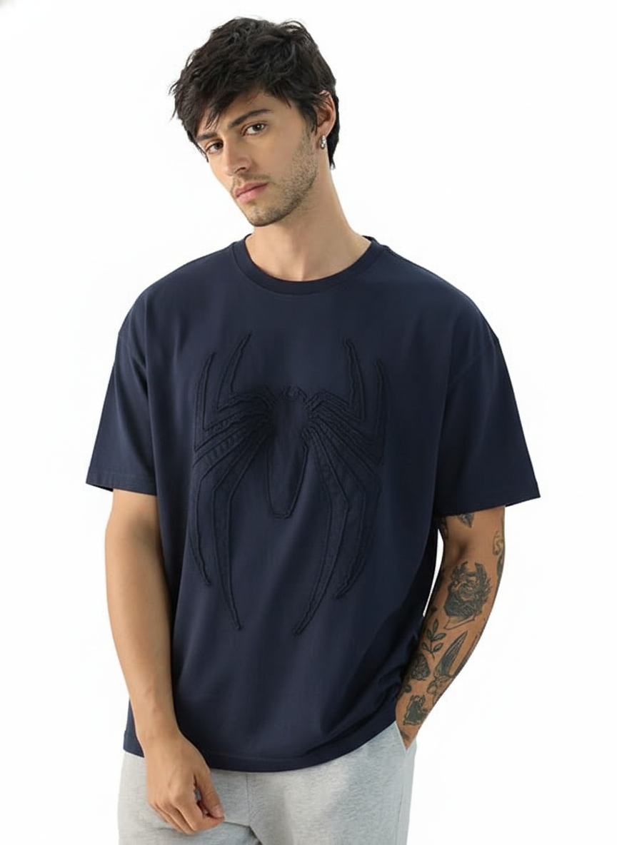 The Souled Store Official Spider-Man Midnight Men And Boys Short Sleeve Round Neck Grey Textured Cotton Oversized T-Shirts