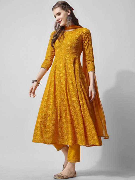 Women Embroidered Panelled Sequinned Kurta with Trousers & With