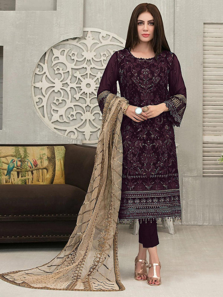 Women Embroidered Suit Set  wine