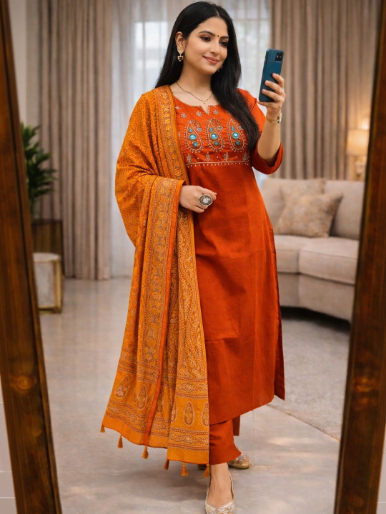 Women Ethnic Motifs Embroidered Regular Thread Work Pure Cotton Kurta with Trousers & With