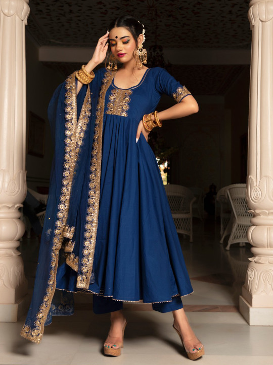 Women Regular Pure Cotton Kurta with Salwar & With Dupatta  BLUE