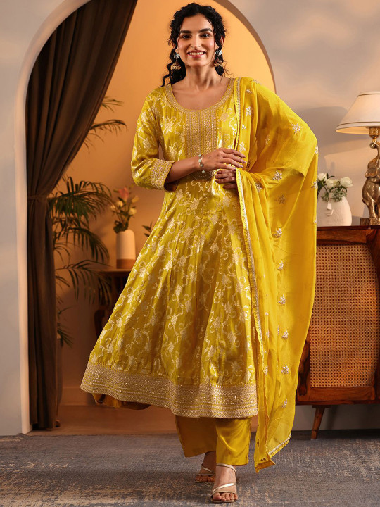 Womens Yellow Woven Design Anarkali Kurta With Trousers &