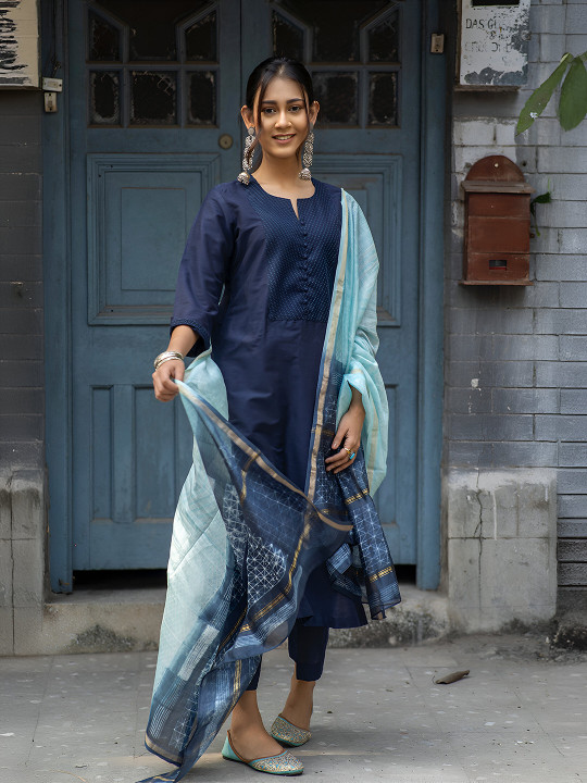 Yoke Design Thread Work Chanderi Cotton Kurta With Trousers & Dupatta