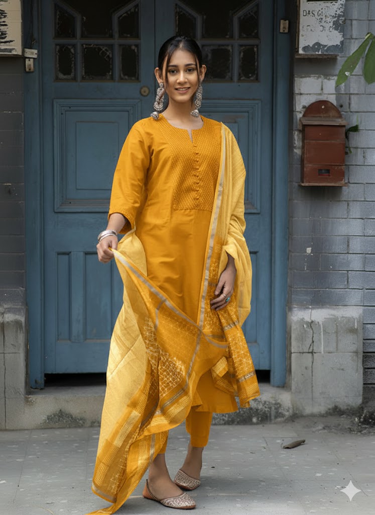 Yoke Design Thread Work Chanderi Cotton Kurta With Trousers &