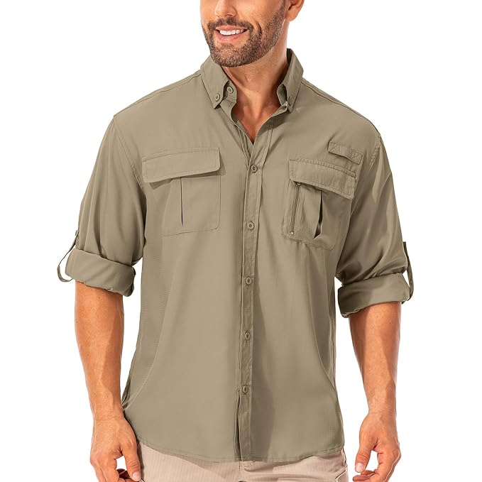 mosingle Men's Long Sleeve Hiking Shirt, Sun UV Protection Safari Fishing Outdoor Shirt